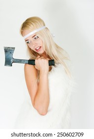 The image of the aggressive blonde with an axe in hands