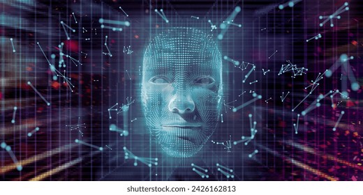 Image of AI or artificial intelligence information and technology deputised by a computer generated face amongst abstract moving lines and points. - Powered by Shutterstock