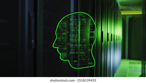 Image of ai binary coding, brain and data processing over computer servers. Global artificial intelligence, connections, computing and data processing concept digitally generated image.