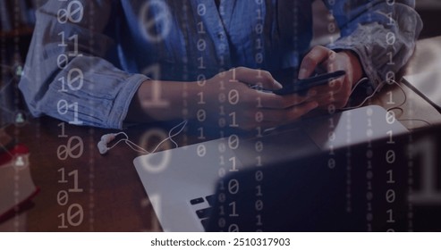 Image of ai binary coding and data over biracial female student using smartphone. Global artificial intelligence, connections, computing and data processing concept digitally generated image. - Powered by Shutterstock