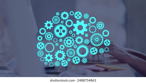 Image of ai brain with cogs over caucasian man typing on computer. Global artificial intelligence, data processing, computing and digital interface concept digitally generated image.