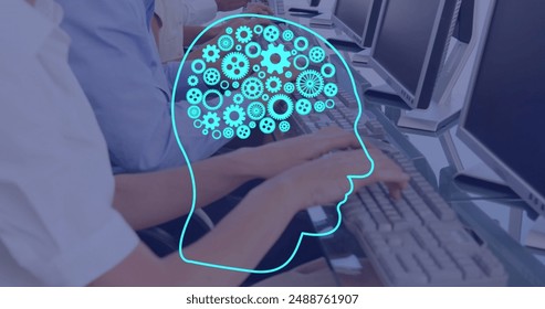 Image of ai brain with cogs over diverse people using computers. Global artificial intelligence, data processing, computing and digital interface concept digitally generated image.