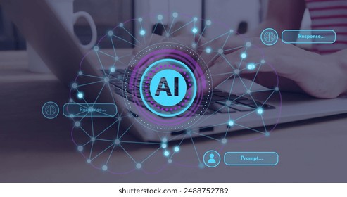 Image of ai brain and data processing over caucasian woman typing on computer. Global artificial intelligence, data processing, computing and digital interface concept digitally generated image.