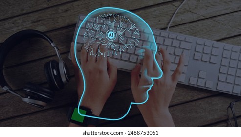 Image of ai brain and data processing over caucasian man typing on computer. Global artificial intelligence, data processing, computing and digital interface concept digitally generated image.