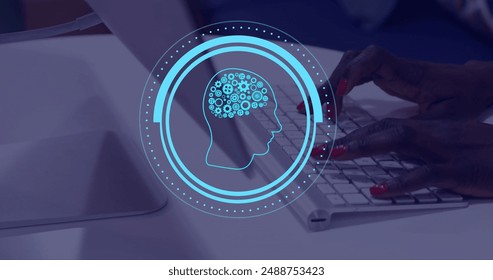 Image of ai brain over african american woman typing on computer. Global artificial intelligence, data processing, computing and digital interface concept digitally generated image.