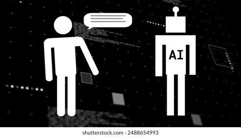 Image of ai chat bots and data processing over black background. Global artificial intelligence, connections, computing and data processing concept digitally generated image.
