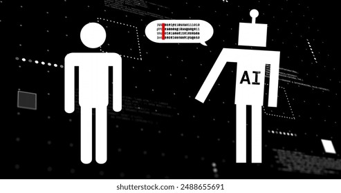 Image of ai chat bots and data processing over black background. Global artificial intelligence, connections, computing and data processing concept digitally generated image.