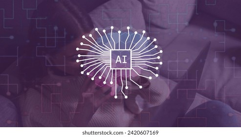 Image of ai chat data processing over caucasian woman using tablet. Global artificial intelligence, computing, digital interface and data processing concept digitally generated image.