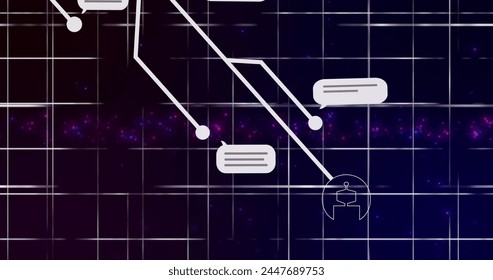 Image of ai chat and data processing over connections and grid. Global artificial intelligence, cloud computing, digital interface and data processing concept digitally generated image.