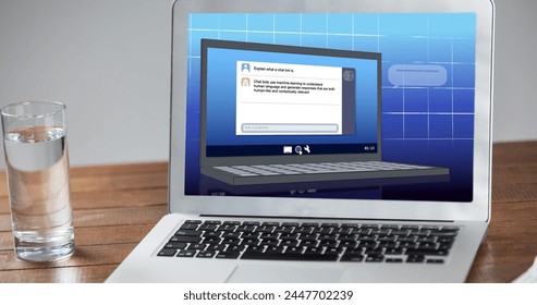 Image of ai chat and data processing over laptop on desk. Global artificial intelligence, cloud computing, digital interface and data processing concept digitally generated image.