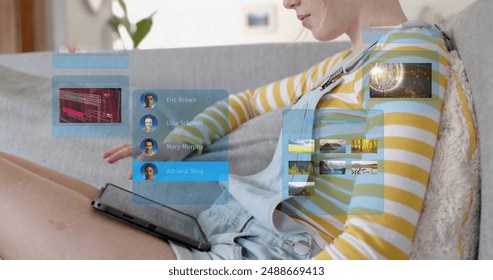 Image of ai chat data processing over caucasian woman using tablet. Global artificial intelligence, connections, computing and data processing concept digitally generated image. - Powered by Shutterstock - Get 15% off with code: PIKWIZARD15