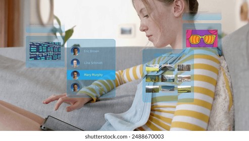 Image of ai chat data processing over caucasian woman using tablet. Global artificial intelligence, connections, computing and data processing concept digitally generated image. - Powered by Shutterstock - Get 15% off with code: PIKWIZARD15