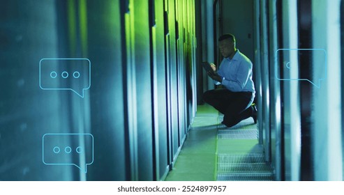 Image of ai chat dialogue over african american technician using tablet in server room. Connection, ai, network, data, digital interface and communication, digitally generated image. - Powered by Shutterstock