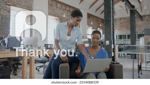 Image of ai chat and icons over biracial female colleagues discussing work in office. Business, technology and digital interface concept digitally generated image. - Powered by Shutterstock