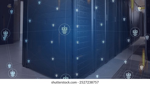 Image of ai chatbot icons and glowing data streams over computer server room. Ai, connection, data, communication and digital interface technology, digitally generated image.