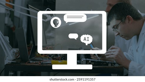 Image of ai chatbot icons on computer screen over diverse engineers. Global artificial intelligence, connections, computing and data processing concept digitally generated image.