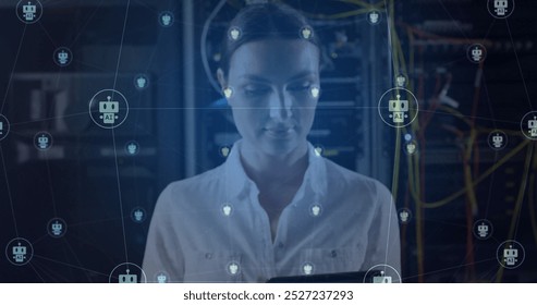 Image of ai chatbot icons over caucasian female technician working in server room. Ai, connection, data, communication and digital interface technology, digitally generated image.