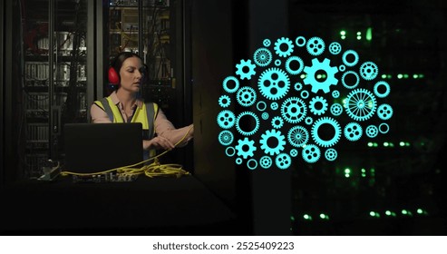 Image of ai cog brain over caucasian female technician in server room. Data, digital interface, connection, communication and artificial intelligence, digitally generated image.