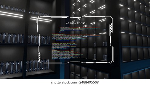 Image of ai data mining text on processing file over dark computer server room. Connection, data, processing, business, digital interface and communication, digitally generated image.