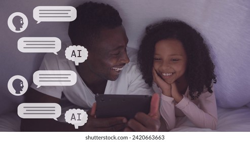 Image of ai data over african american man and biracial daughter using tablet. Global artificial intelligence, digital interface, computing and data processing concept digitally generated image. - Powered by Shutterstock