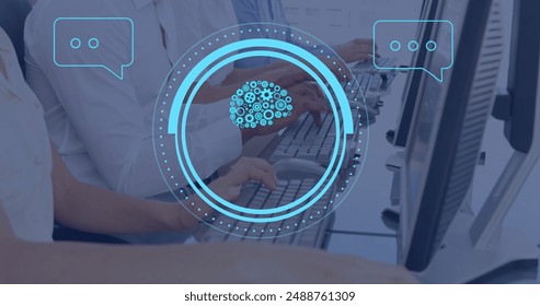 Image of ai data processing and brain over diverse people using computers. Global artificial intelligence, data processing, computing and digital interface concept digitally generated image.