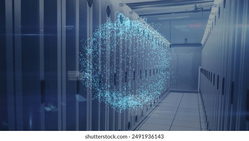Image of ai data processing and globe over computer servers. Global artificial intelligence, data processing, computing and digital interface concept digitally generated image.