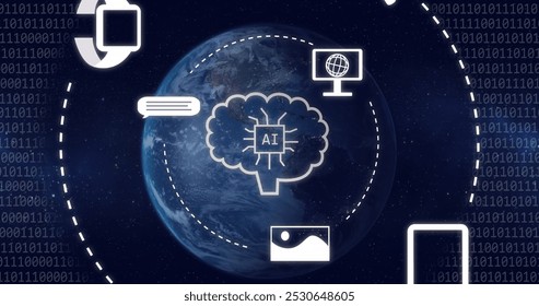 Image of ai data processing and icons over globe and dark background. Global artificial intelligence, digital interface, computing and data processing concept digitally generated image.