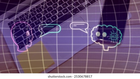 Image of ai data processing and icons over laptop and smartphone. Global artificial intelligence, business, finances, computing and data processing concept digitally generated image.