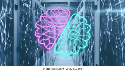 Image of ai data processing and networks over computer server room. Global artificial intelligence, digital interface, connections, computing and data processing concept digitally generated image.