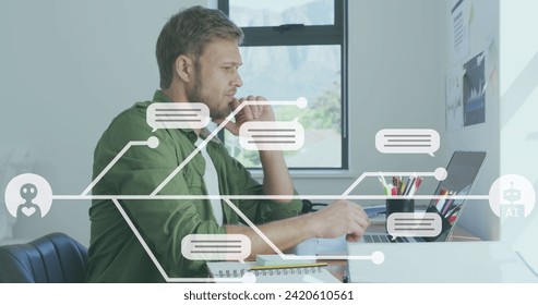 Image of ai data processing over caucasian businessman using laptop. Global online security, digital interface, computing and data processing concept digitally generated image.