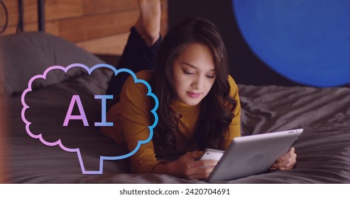 Image of ai data processing over asian woman using laptop. Global artificial intelligence, digital interface, computing and data processing concept digitally generated image.