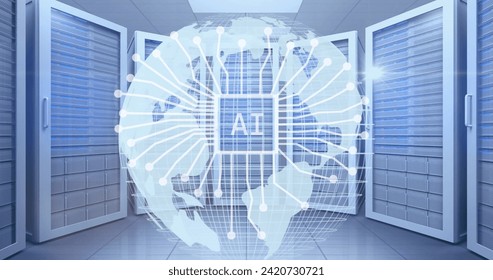 Image of ai data processing over globe connections with ai icons and servers. Global artificial intelligence, computing, digital interface and data processing concept digitally generated image. - Powered by Shutterstock - Get 15% off with code: PIKWIZARD15