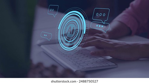 Image of ai data processing over caucasian man typing on computer. Global artificial intelligence, data processing, computing and digital interface concept digitally generated image.