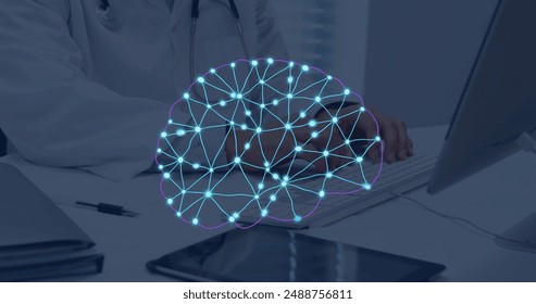 Image of ai data processing over caucasian male doctor typing on computer. Global artificial intelligence, data processing, computing and digital interface concept digitally generated image.