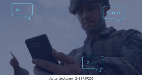 Image of ai data processing over caucasian soldier using smartphone. Global artificial intelligence, data processing, computing and digital interface concept digitally generated image. - Powered by Shutterstock