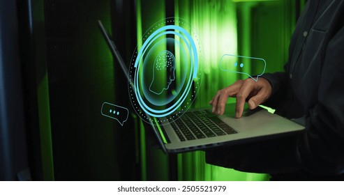 Image of ai data processing over african american man using laptop. Global artificial intelligence, data processing, computing and digital interface concept digitally generated image.