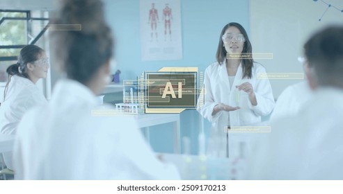 Image of ai data processing over diverse students in laboratory. Artificial intelligence, education, connections, computing and data processing concept digitally generated image. - Powered by Shutterstock - Get 15% off with code: PIKWIZARD15