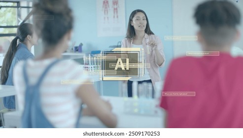Image of ai data processing over diverse students in laboratory. Artificial intelligence, education, connections, computing and data processing concept digitally generated image.