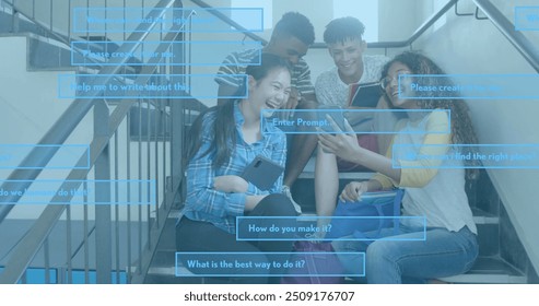 Image of ai data processing over diverse students at school. Artificial intelligence, education, connections, computing and data processing concept digitally generated image.