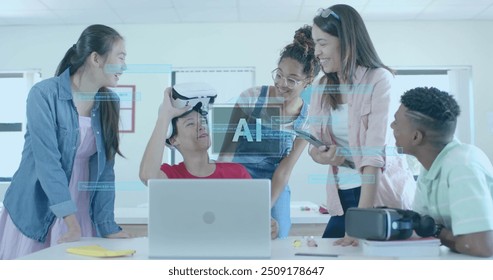Image of ai data processing over diverse students at school. Artificial intelligence, education, connections, computing and data processing concept digitally generated image.