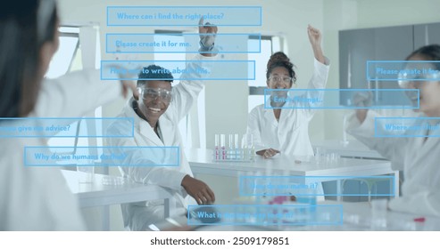Image of ai data processing over diverse students in laboratory. Artificial intelligence, education, connections, computing and data processing concept digitally generated image.
