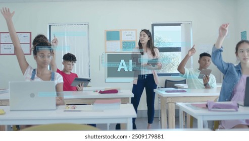 Image of ai data processing over diverse students at school. Artificial intelligence, education, connections, computing and data processing concept digitally generated image.
