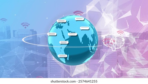 Image of ai data processing over globe. Global artificial intelligence, connections, computing and data processing concept digitally generated image.
