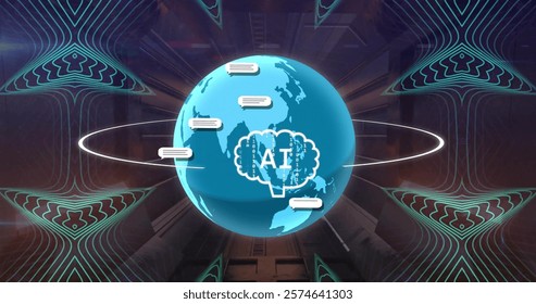 Image of ai data processing over globe. Global artificial intelligence, connections, computing and data processing concept digitally generated image.