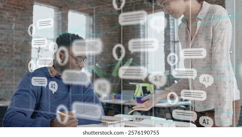 Image of ai data processing over diverse business people in office. Global artificial intelligence, business, connections, computing and data processing concept digitally generated image.