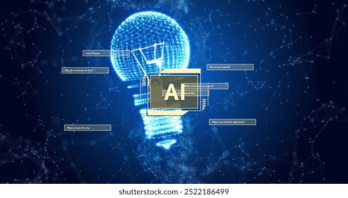 Image of ai interface with dialogue boxes and light bulb over networks on dark background. Network, energy, digital interface, ai, research and communication, digitally generated image.