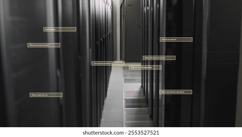 Image of ai interface dialogue boxes over computer server room. Connection, data, processing, ai, digital interface and communication, digitally generated image.