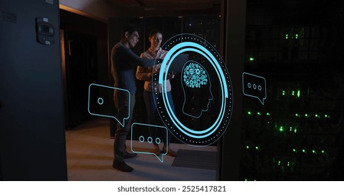 Image of ai scanner, brain and chat icons over diverse technicians in dark server room. Data, digital interface, connection, communication and artificial intelligence, digitally generated image.