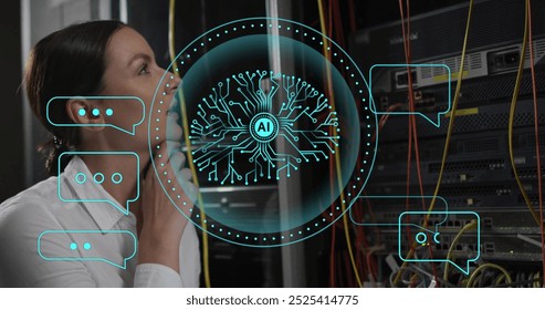 Image of ai scanner brain network and chat icons over caucasian female server technician. Data, digital interface, connection, communication and artificial intelligence, digitally generated image. - Powered by Shutterstock