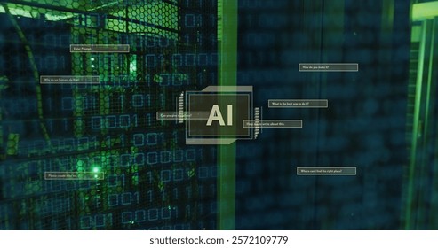 Image of ai text, binary coding data processing over computer servers. Global artificial intelligence, connections, computing and data processing concept digitally generated image.